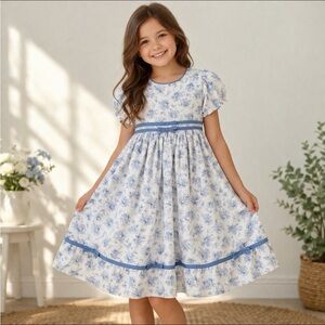Frances Johnston Blue Floral Dress 6X Cottagecore Vintage Style Puff Sleeve
